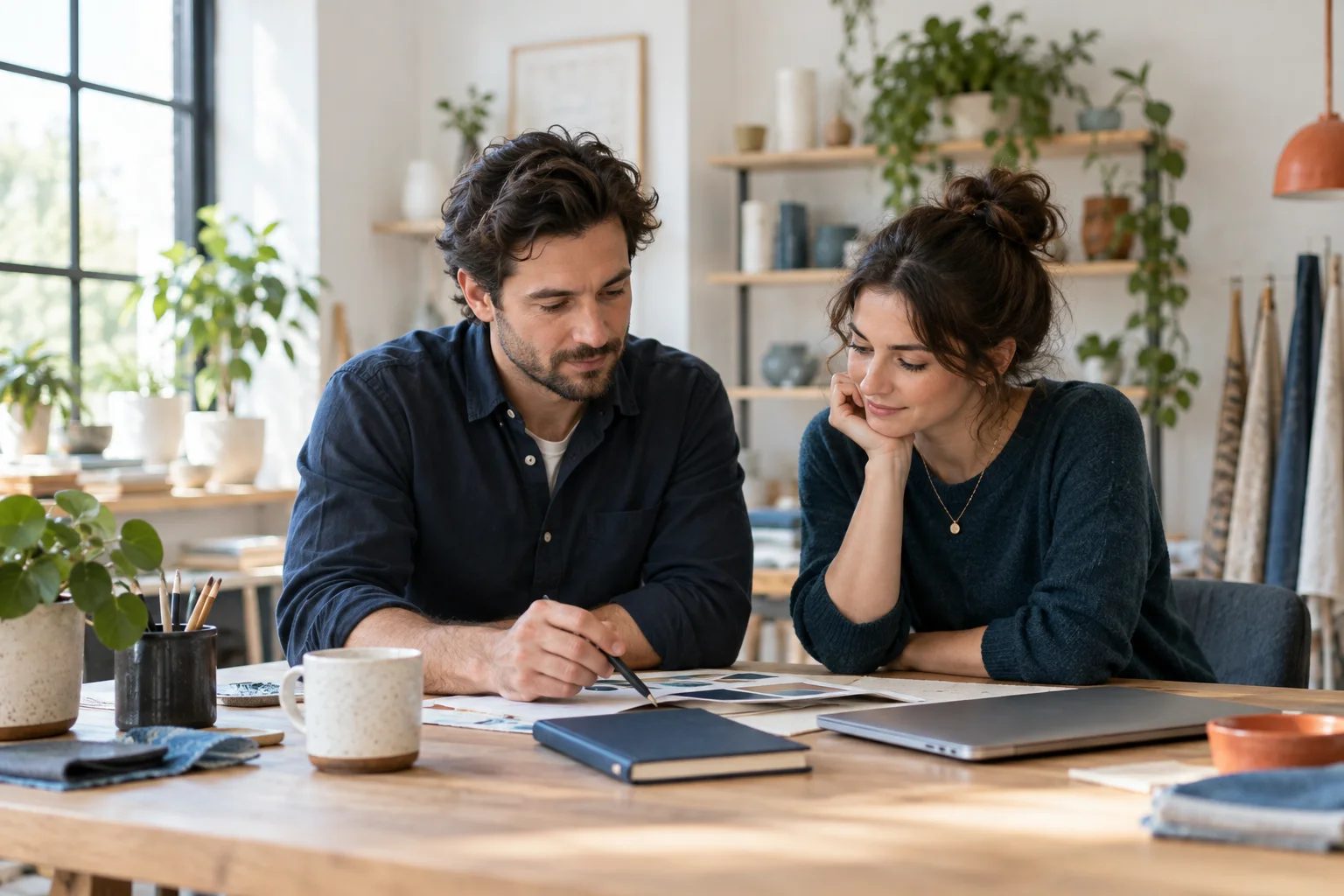 A small-business owner reviewing work at a desk